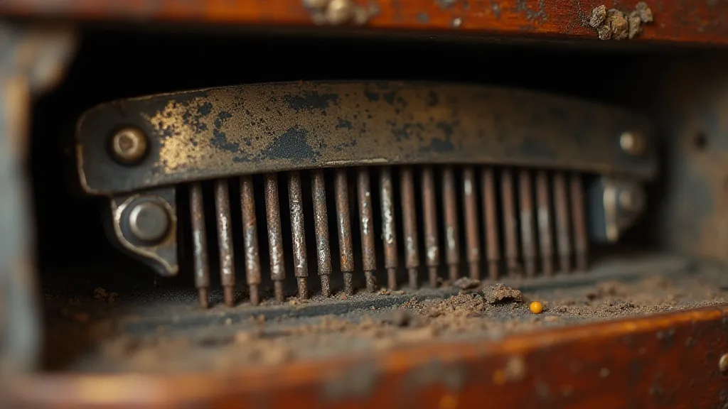 Close-up of a rusty comb in a vintage musical box.
