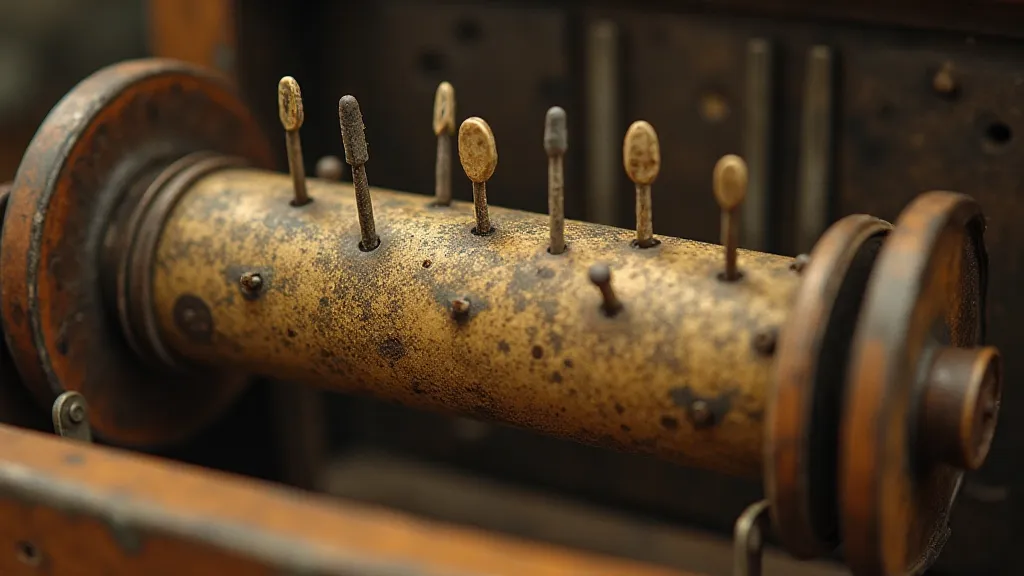 Close-up of a musical box cylinder pins