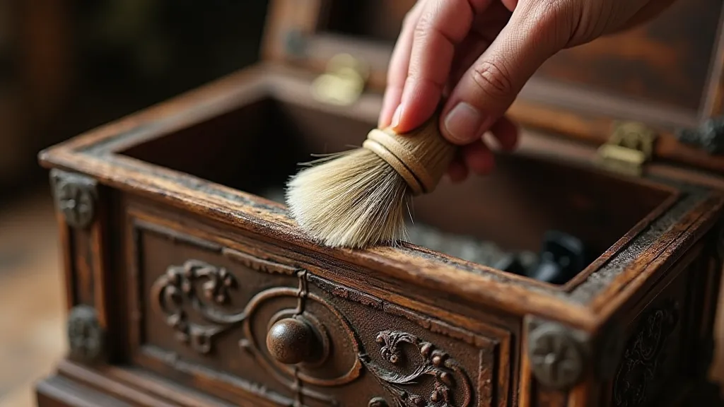 Dusting a vintage musical box with a soft brush.