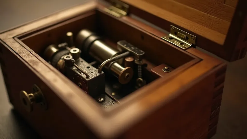 Close-up of an antique music box mechanism