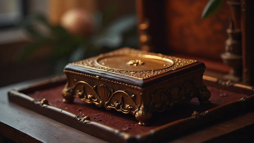 A beautifully restored antique music box displayed in a display case.