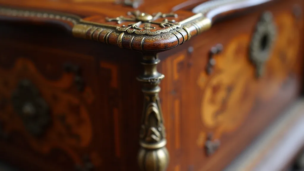 Detail of a vintage music box made of inlaid rosewood.